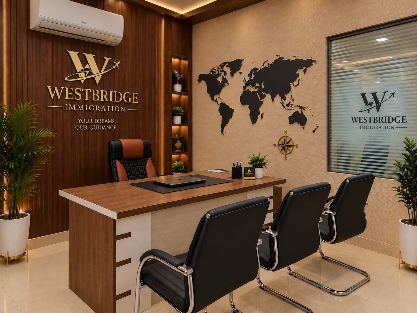 Consultation room with world map wall
